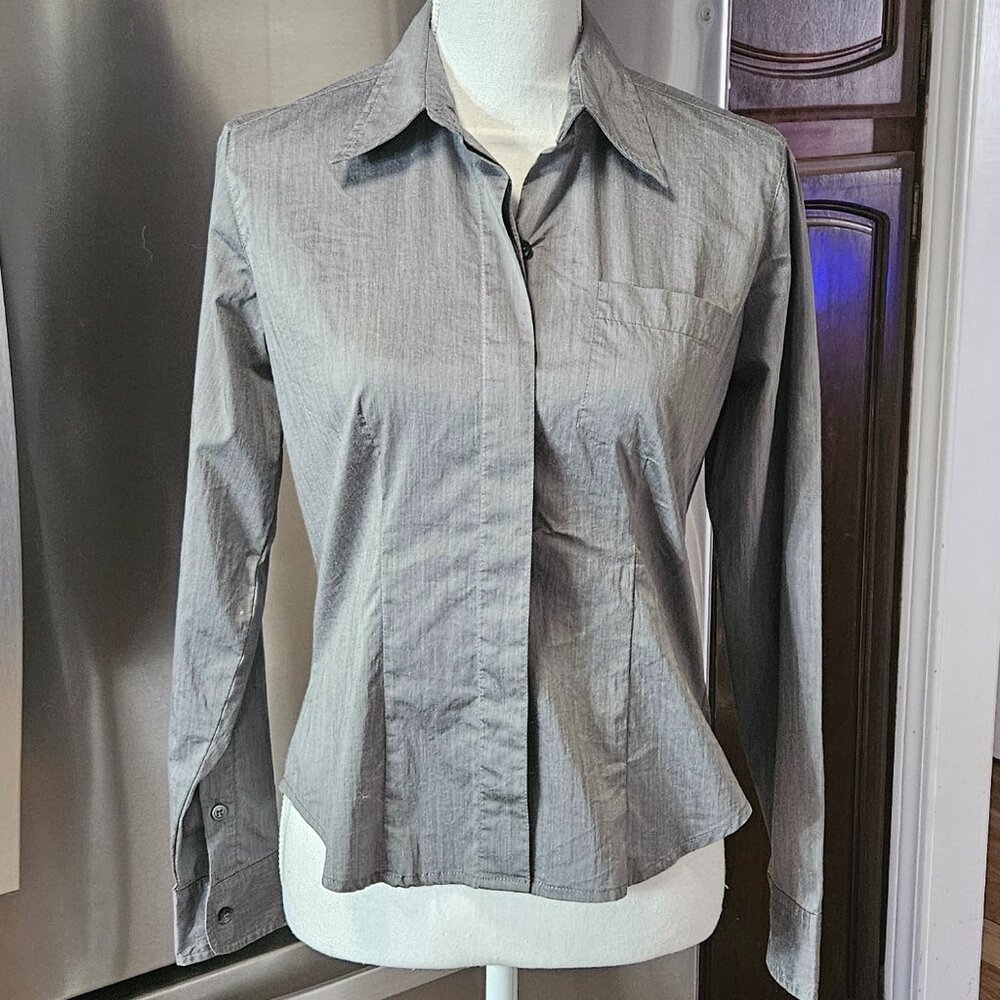 Vintage Liz Claiborne LizSport Shirt S Gray Fitted Long Sleeve Button Up